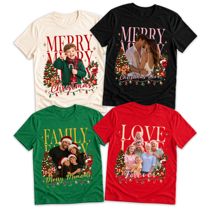 Custom Photo Matching Family Christmas Shirts with Tree Lights Frame - Personalized Photo Shirt