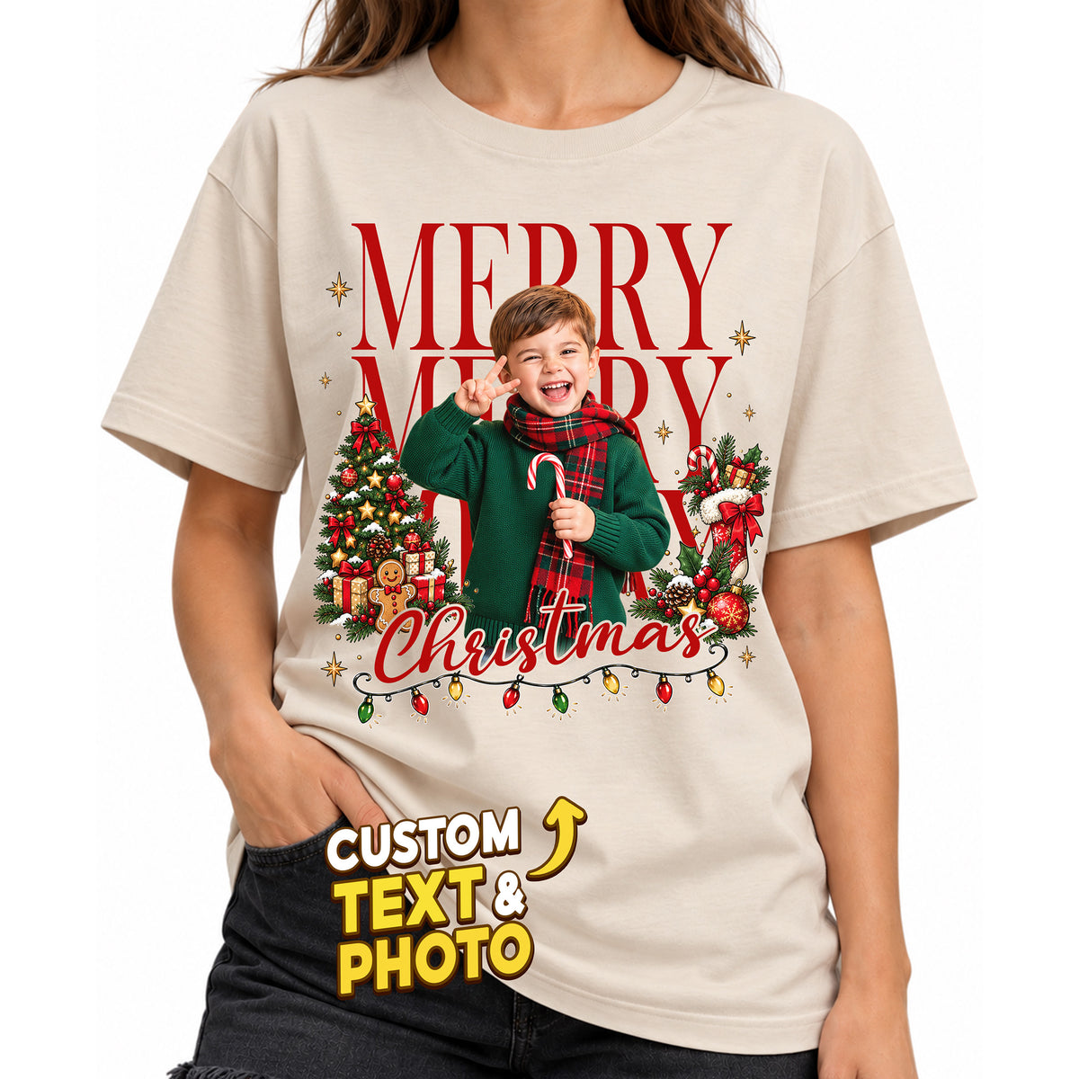 Custom Photo Matching Family Christmas Shirts with Tree Lights Frame - Personalized Photo Shirt