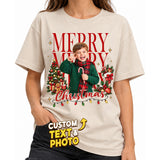Custom Photo Matching Family Christmas Shirts with Tree Lights Frame - Personalized Photo Shirt