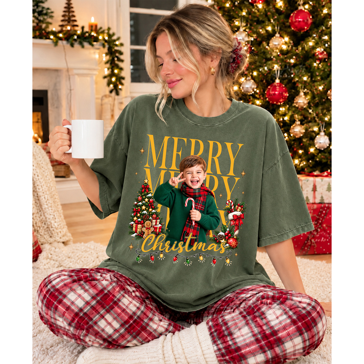 Custom Photo Matching Family Christmas Shirts with Tree Lights Frame - Personalized Photo Shirt