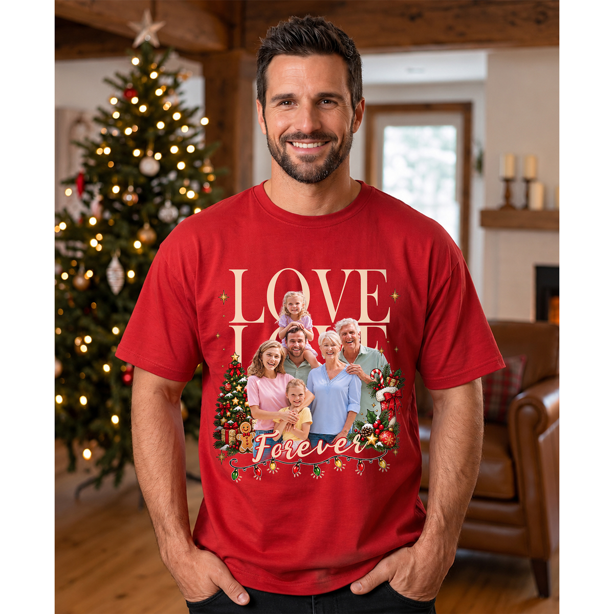 Custom Photo Matching Family Christmas Shirts with Tree Lights Frame - Personalized Photo Shirt