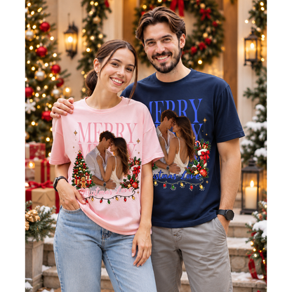 Custom Photo Matching Family Christmas Shirts with Tree Lights Frame - Personalized Photo Shirt