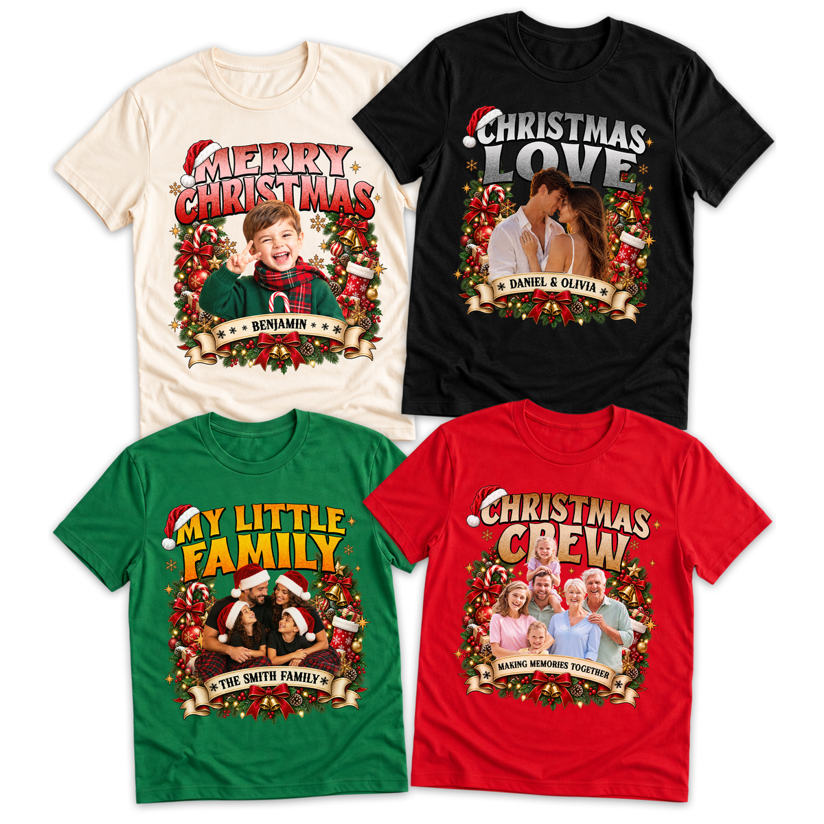 Custom Photo Matching Family Christmas Shirts with Wreath Frame and Names - Personalized Photo Shirt