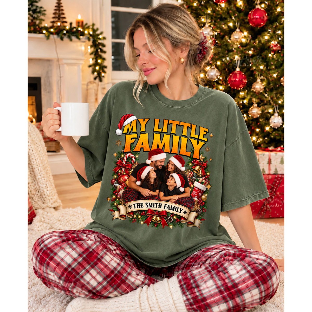 Custom Photo Matching Family Christmas Shirts with Wreath Frame and Names - Personalized Photo Shirt