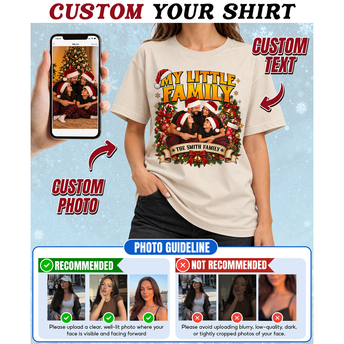 Custom Photo Matching Family Christmas Shirts with Wreath Frame and Names - Personalized Photo Shirt