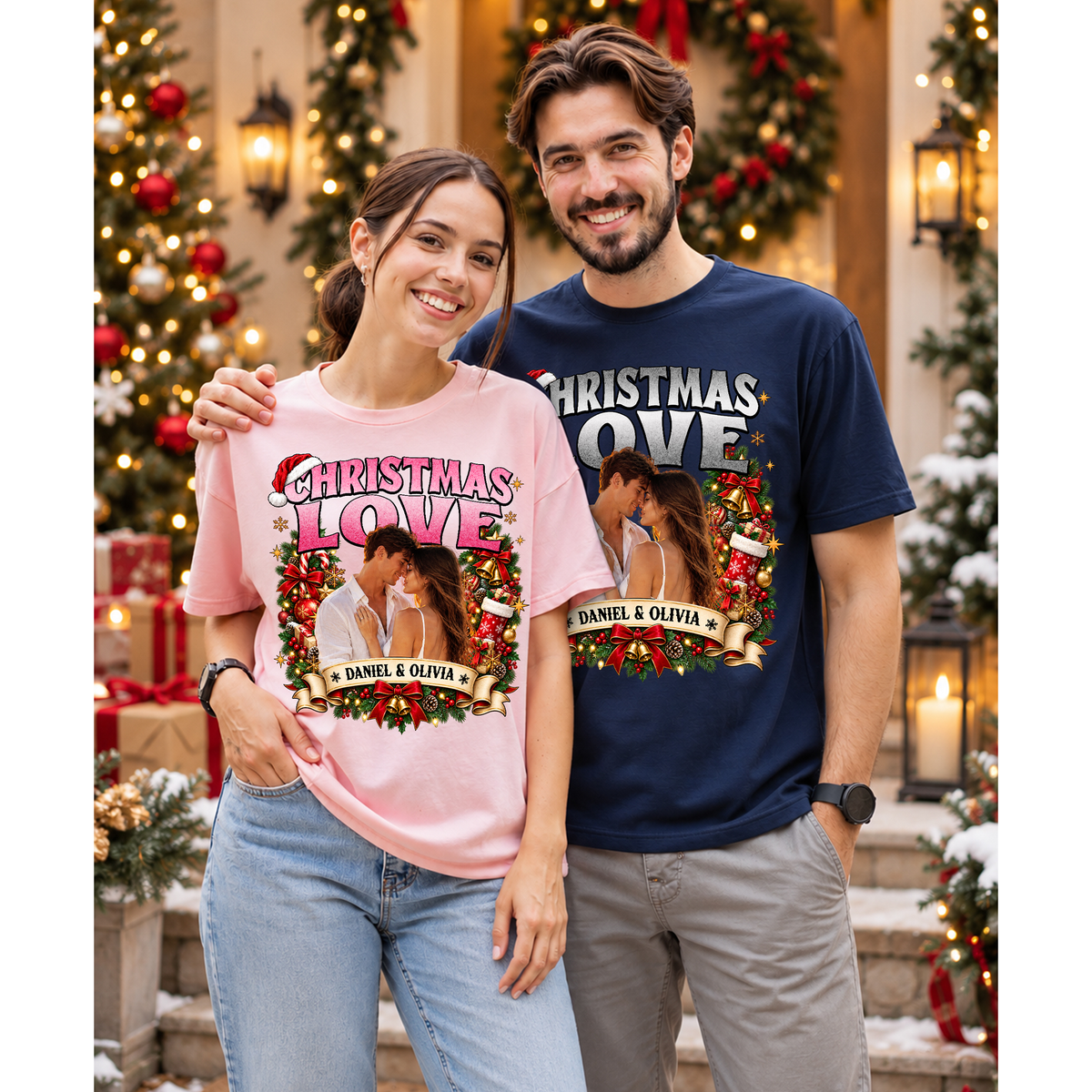 Custom Photo Matching Family Christmas Shirts with Wreath Frame and Names - Personalized Photo Shirt