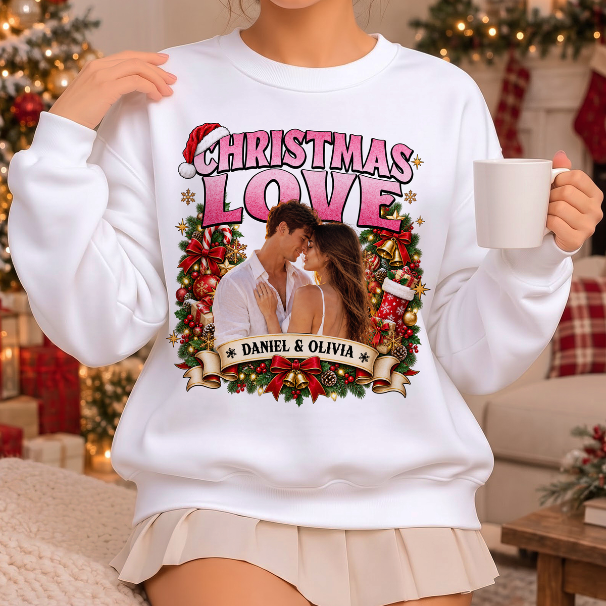 Custom Photo Matching Family Christmas Shirts with Wreath Frame and Names - Personalized Photo Shirt