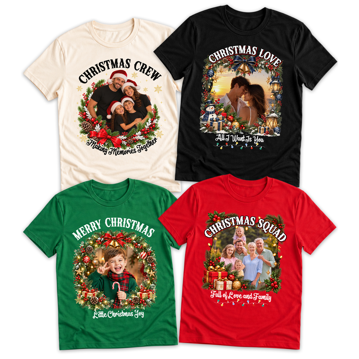 Custom Photo Matching Family Christmas Shirts with Round Wreath Photo - Personalized Photo Shirt