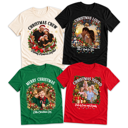Custom Photo Matching Family Christmas Shirts with Round Wreath Photo - Personalized Photo Shirt