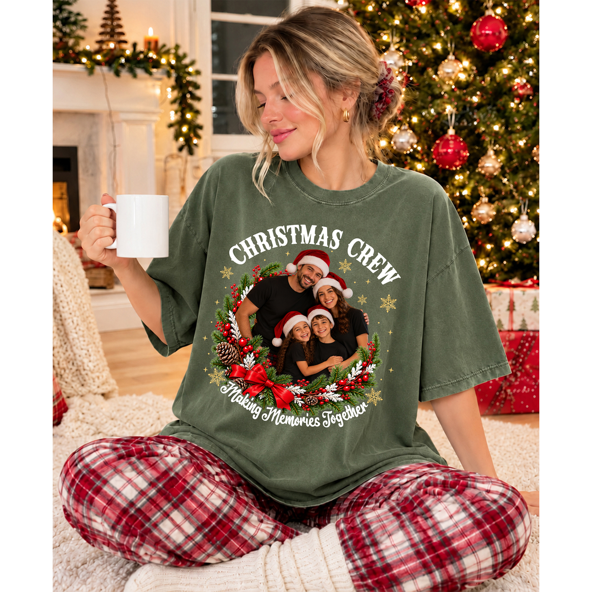 Custom Photo Matching Family Christmas Shirts with Round Wreath Photo - Personalized Photo Shirt