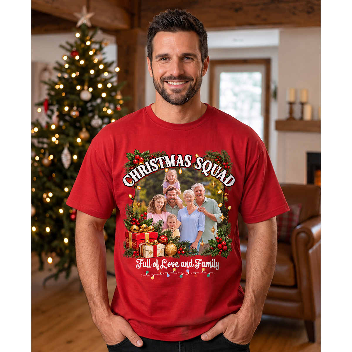 Custom Photo Matching Family Christmas Shirts with Round Wreath Photo - Personalized Photo Shirt