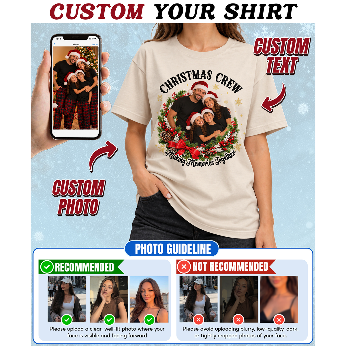 Custom Photo Matching Family Christmas Shirts with Round Wreath Photo - Personalized Photo Shirt