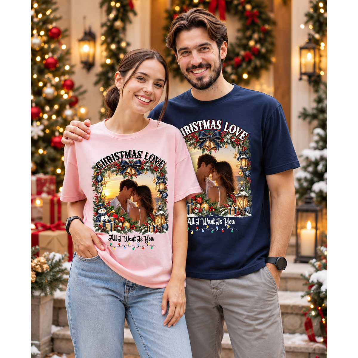 Custom Photo Matching Family Christmas Shirts with Round Wreath Photo - Personalized Photo Shirt