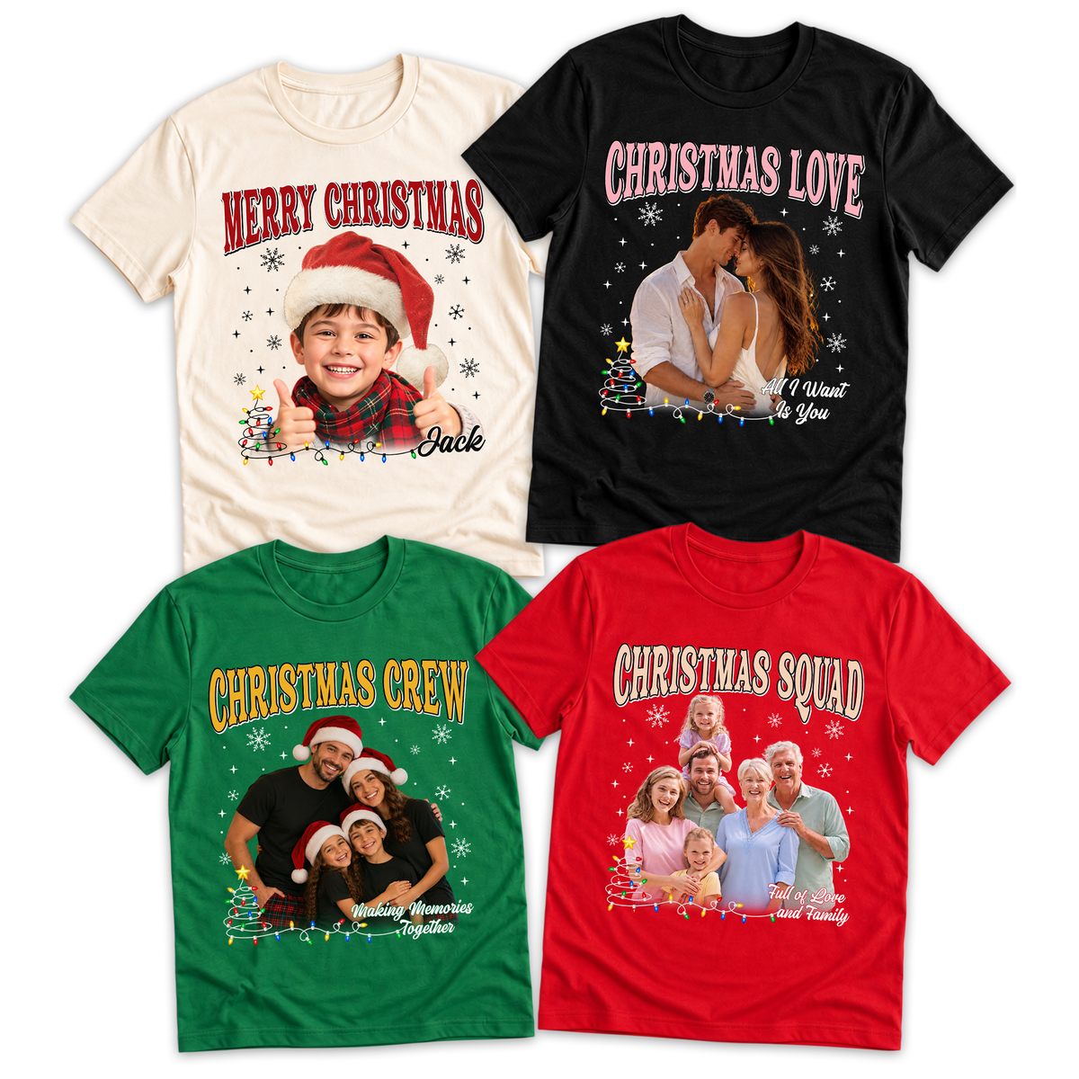 Custom Photo Matching Family Christmas Shirts with Santa Hat - Personalized Photo Shirt