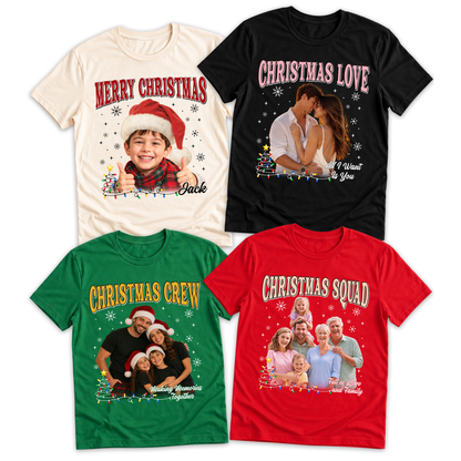 Custom Photo Matching Family Christmas Shirts with Santa Hat - Personalized Photo Shirt
