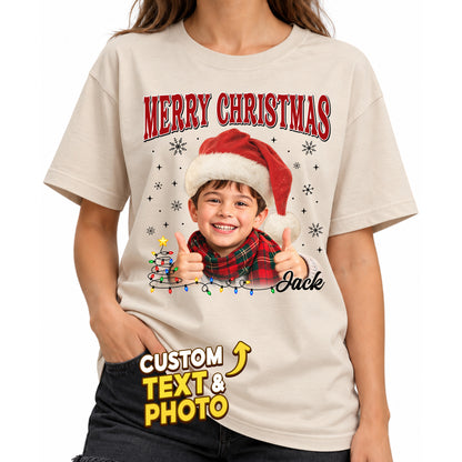 Custom Photo Matching Family Christmas Shirts with Santa Hat - Personalized Photo Shirt