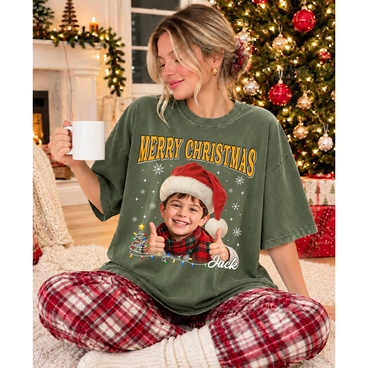 Custom Photo Matching Family Christmas Shirts with Santa Hat - Personalized Photo Shirt