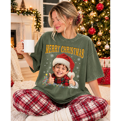 Custom Photo Matching Family Christmas Shirts with Santa Hat - Personalized Photo Shirt