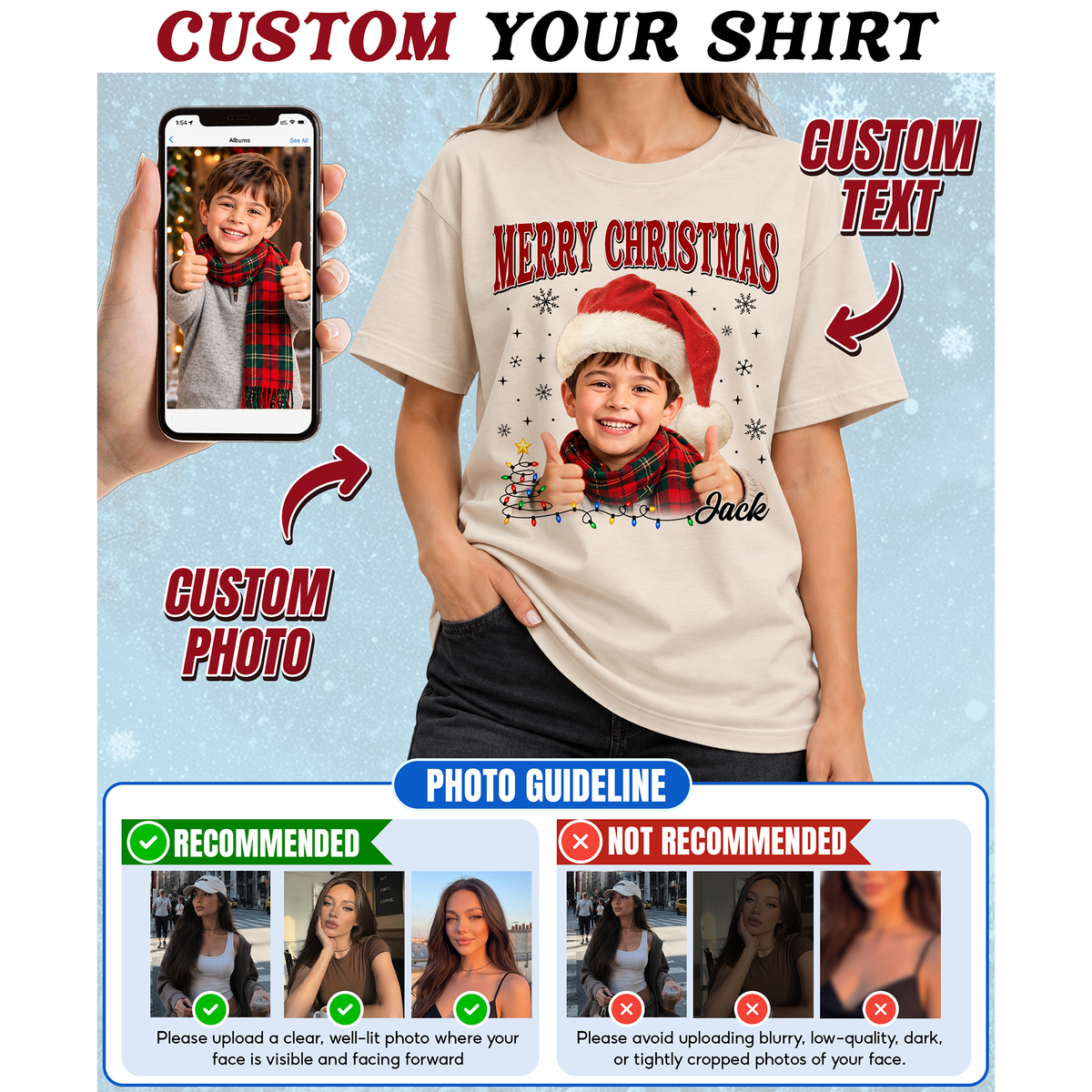 Custom Photo Matching Family Christmas Shirts with Santa Hat - Personalized Photo Shirt