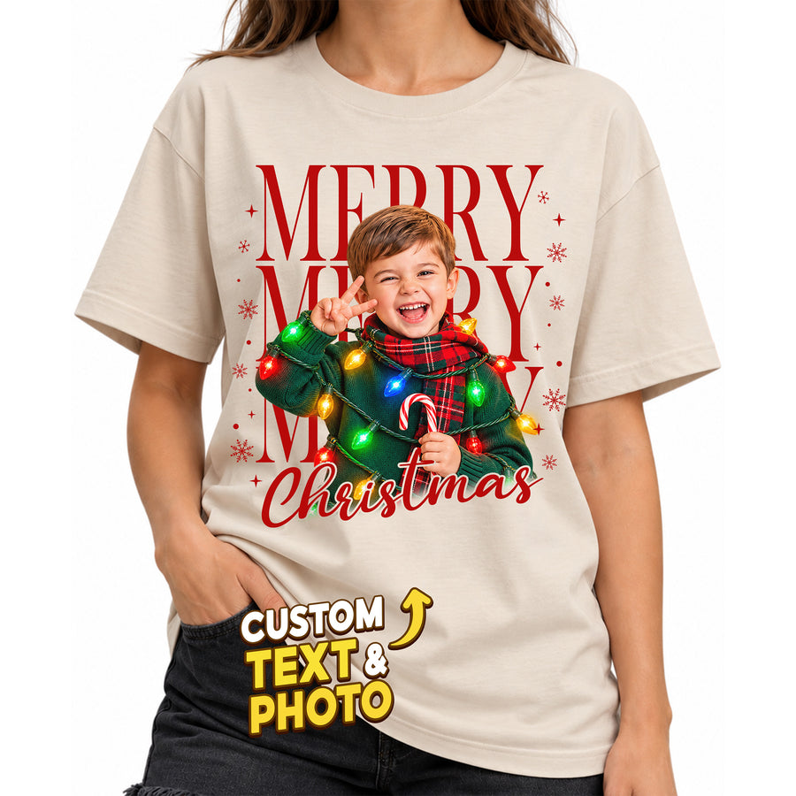 Custom Photo Matching Family Christmas Shirts with Colorful Lights - Personalized Photo Shirt