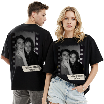 Custom Photo Couple Shirt with Film Strip & Name Tag - Personalized Photo Shirt