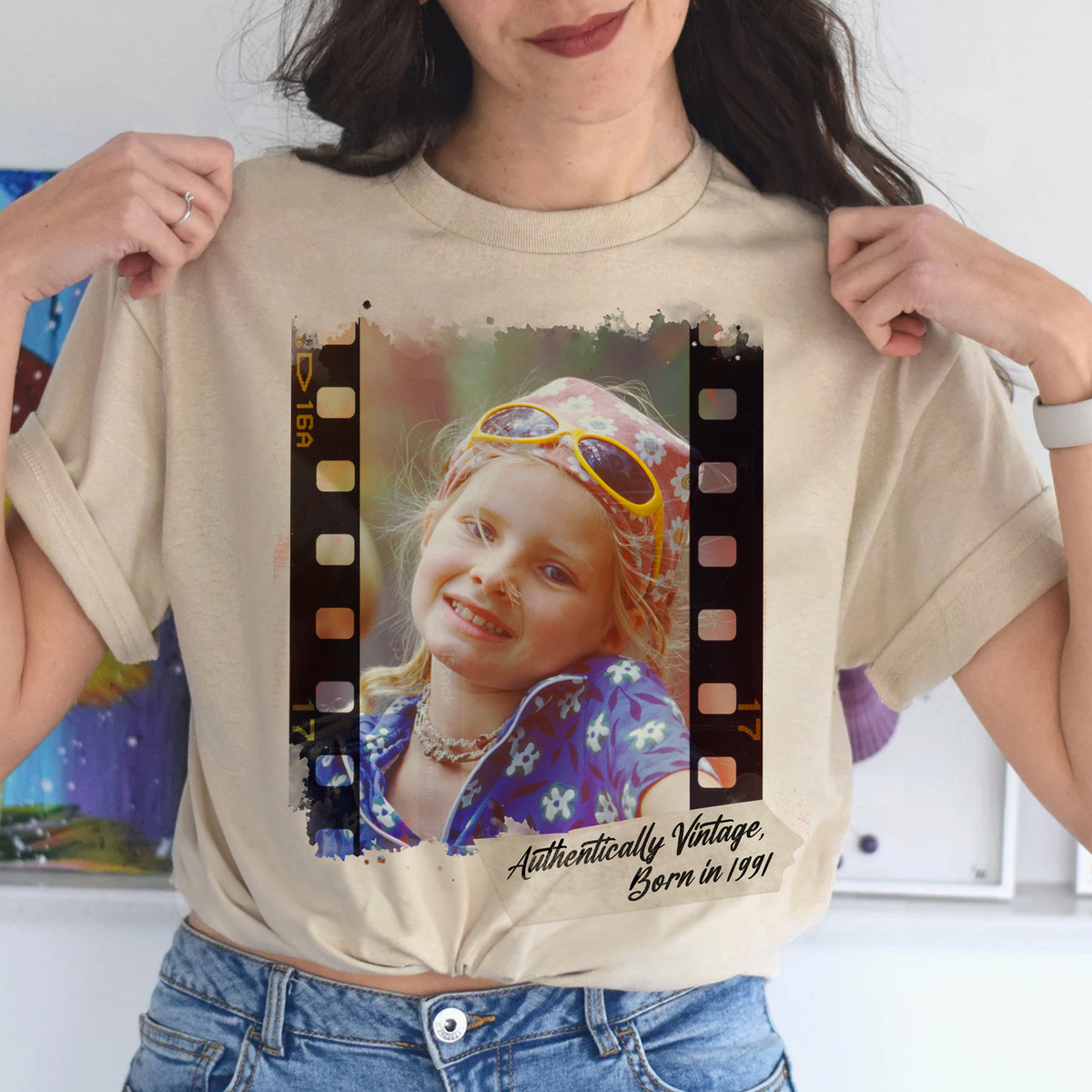 Custom Photo Couple Shirt with Film Strip & Name Tag - Personalized Photo Shirt