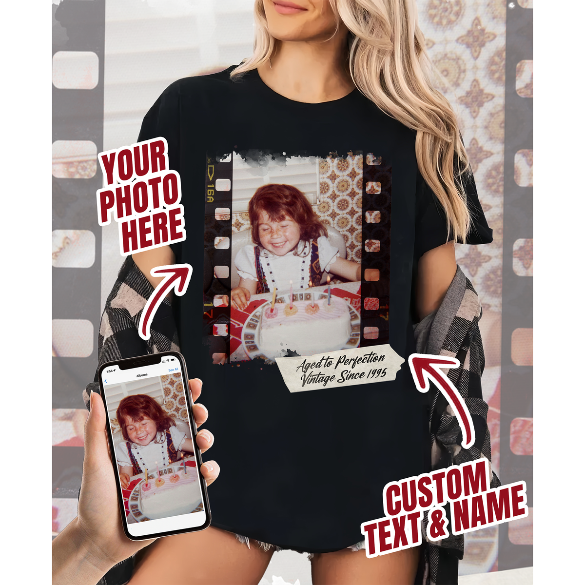 Custom Photo Couple Shirt with Film Strip & Name Tag - Personalized Photo Shirt