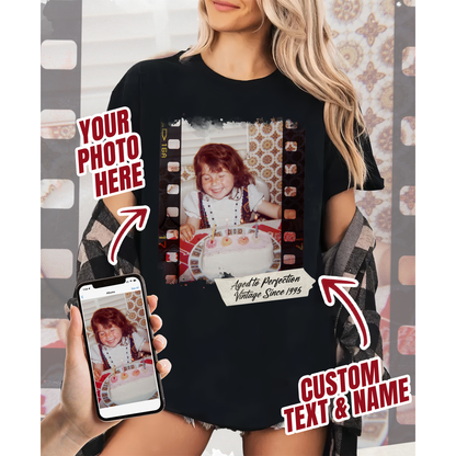 Custom Photo Couple Shirt with Film Strip & Name Tag - Personalized Photo Shirt