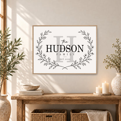 Custom Family Name Sign Floral Wreath Name & Year Canvas - Personalized Wall Art