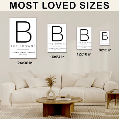 Custom Family Name Sign Modern Letter with Names & Year Canvas - Personalized Wall Art