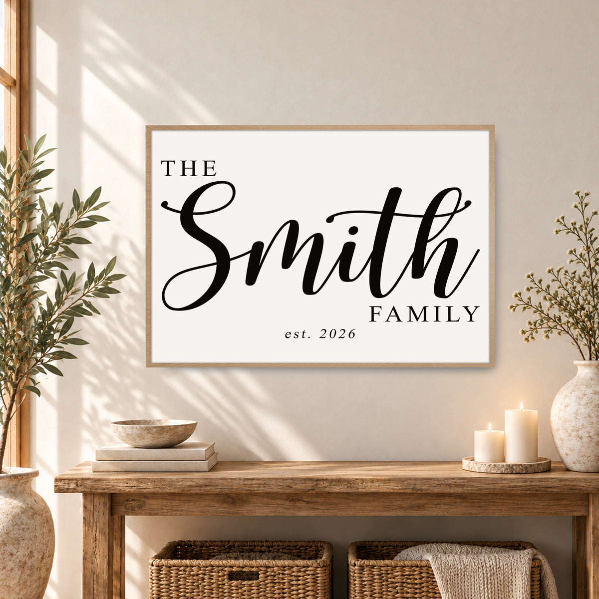 Custom Family Name Sign Big Script Name & Year Canvas - Personalized Wall Art