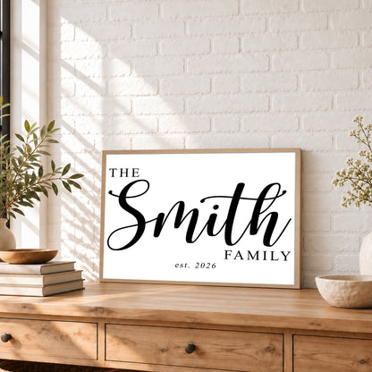 Custom Family Name Sign Big Script Name & Year Canvas - Personalized Wall Art