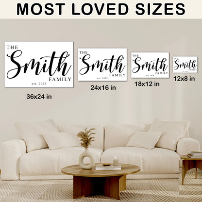 Custom Family Name Sign Big Script Name & Year Canvas - Personalized Wall Art