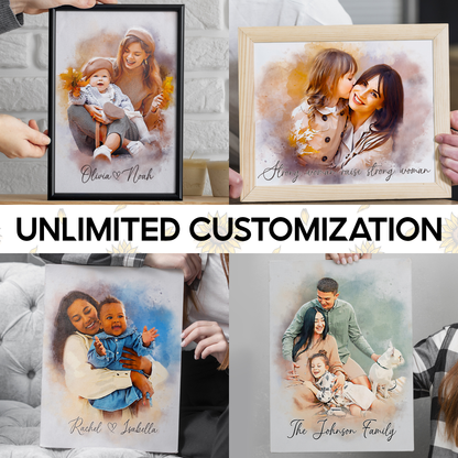 Custom Photo Watercolor Mom and Baby Portrait with Names Canvas - Personalized Wall Art