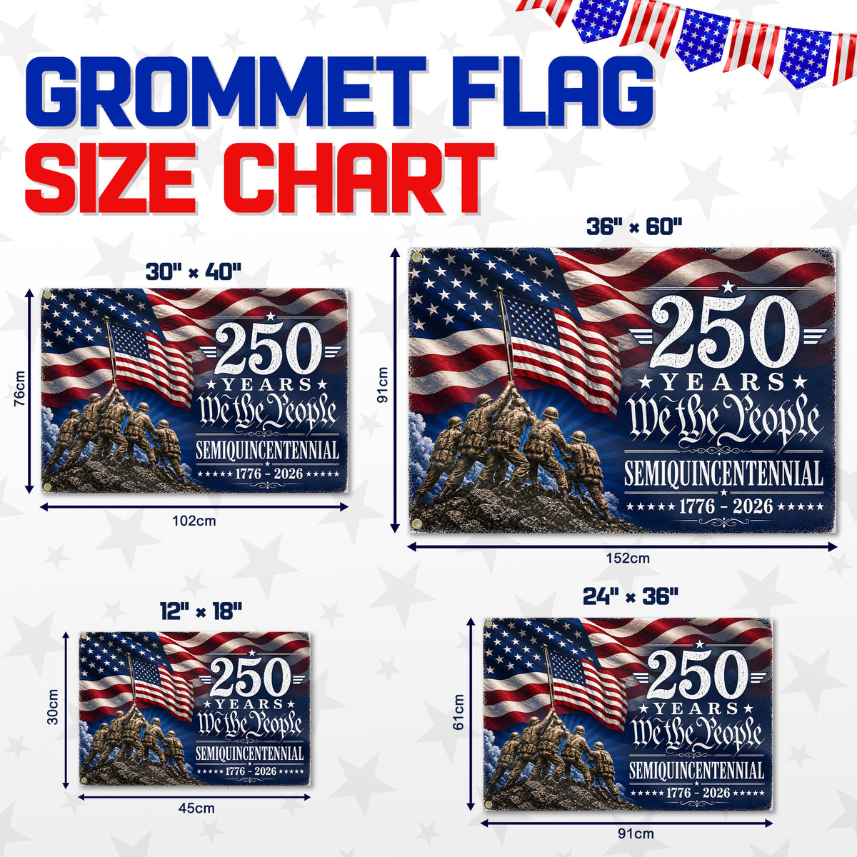 We The People Semiquincentennial Military 250 Years  -  Premium Patriotic Grommet Flag - 4th of July Decorations Double Sided