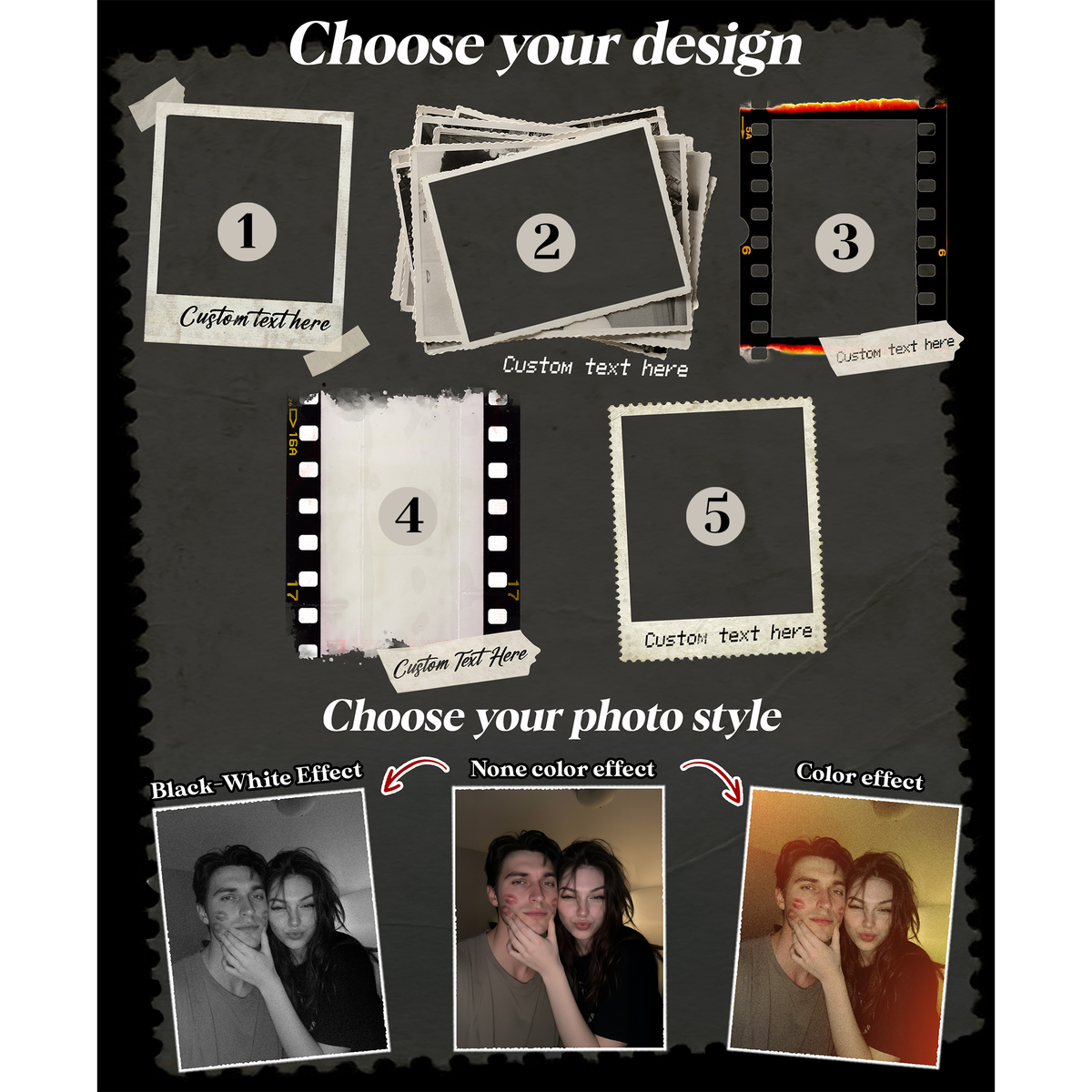 Custom Photo Couple Shirt with Film Strip & Name Tag - Personalized Photo Shirt