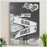 Custom Couple Street Sign Black and White Heart Cloud Names & Year Canvas - Personalized Wall Art