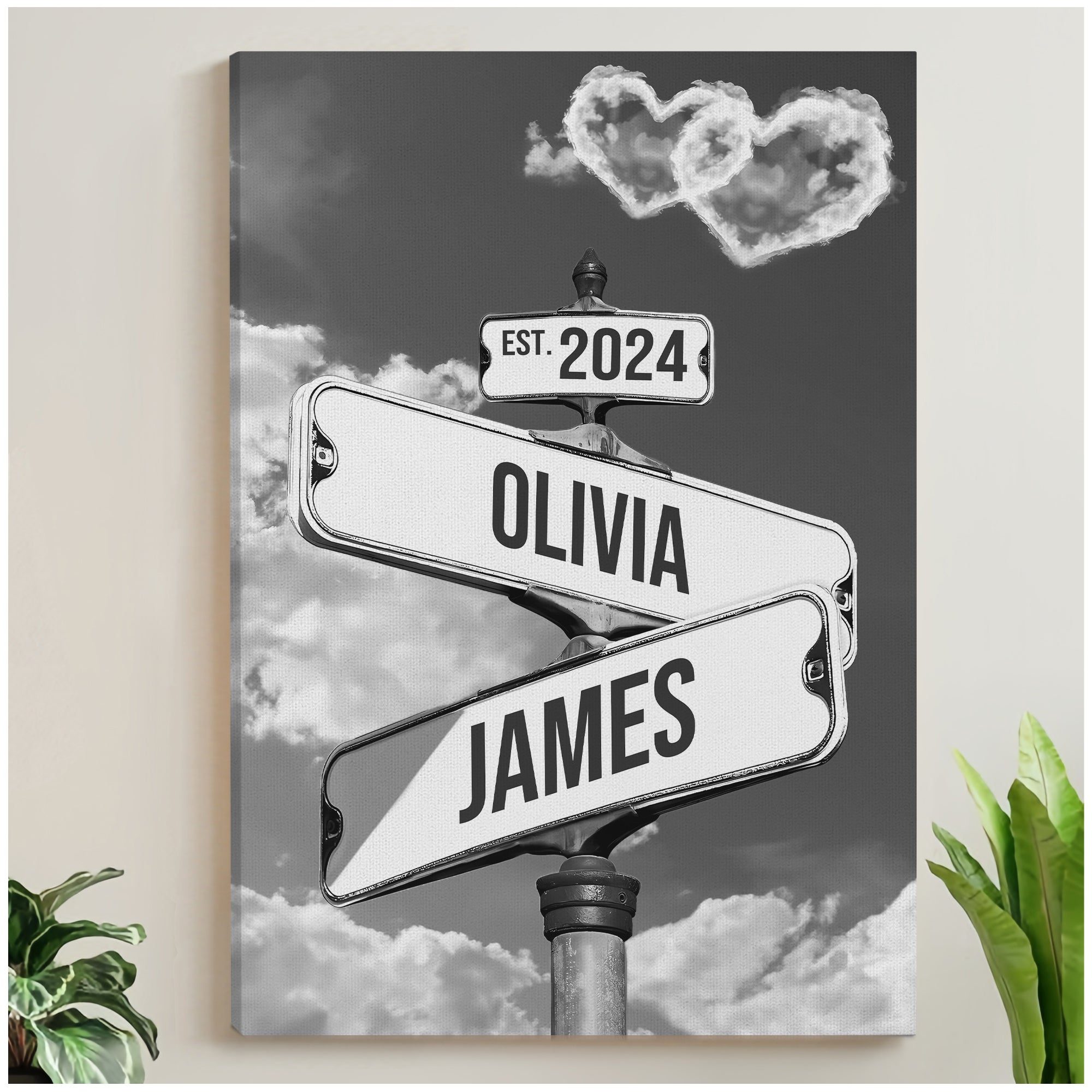 Personalized Crossroads Street Sign For Couple Canvas, Custom Couple Name And Date Wall Art Black and White Heart Cloud