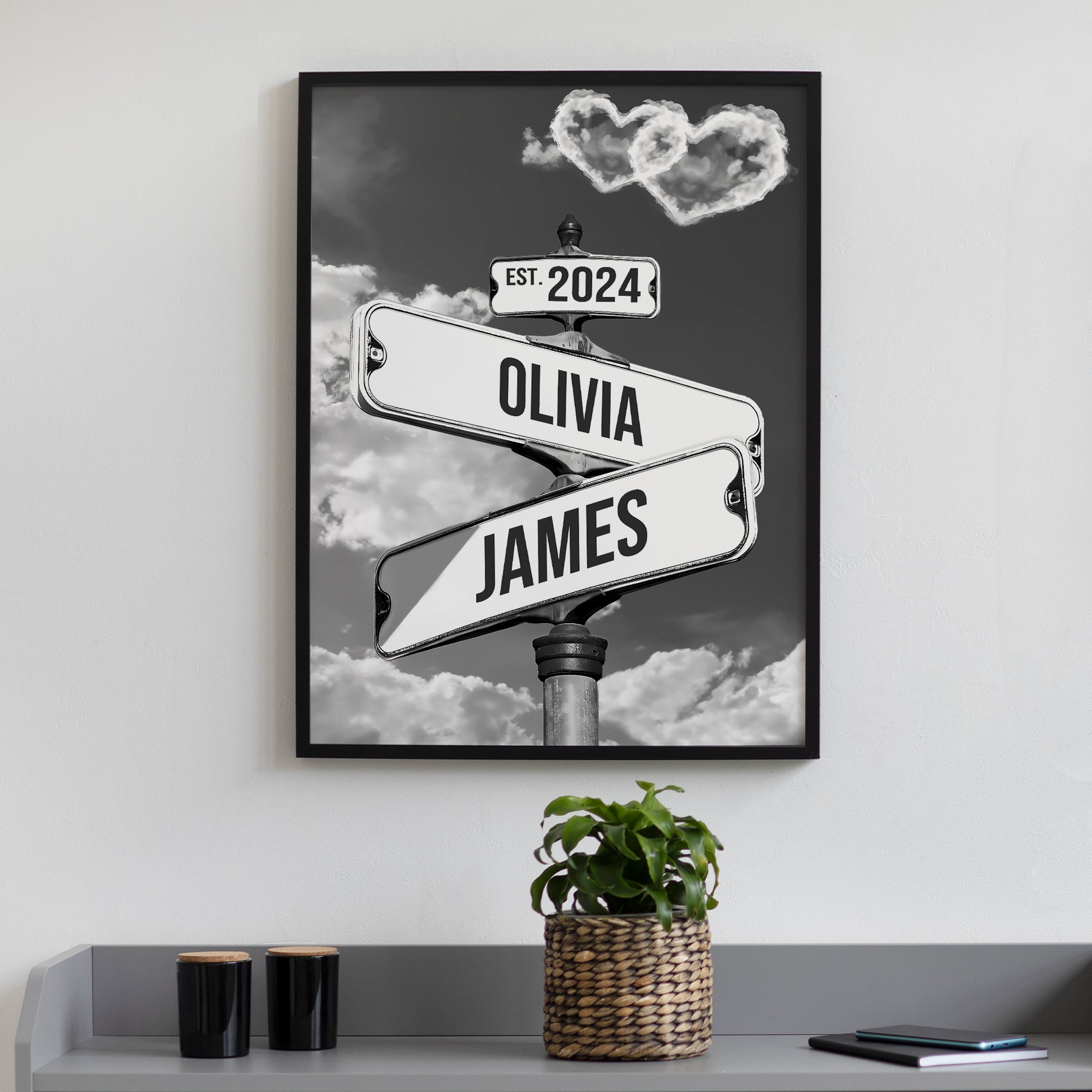 Personalized Crossroads Street Sign For Couple Canvas, Custom Couple Name And Date Wall Art Black and White Heart Cloud
