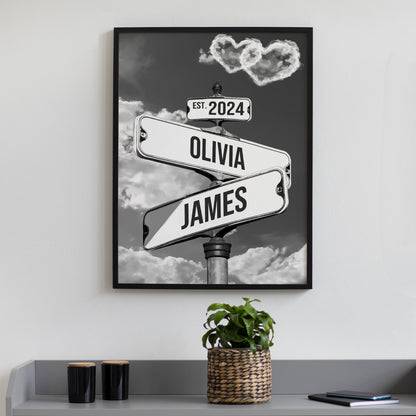 Custom Couple Street Sign Black and White Heart Cloud Names & Year Canvas - Personalized Wall Art