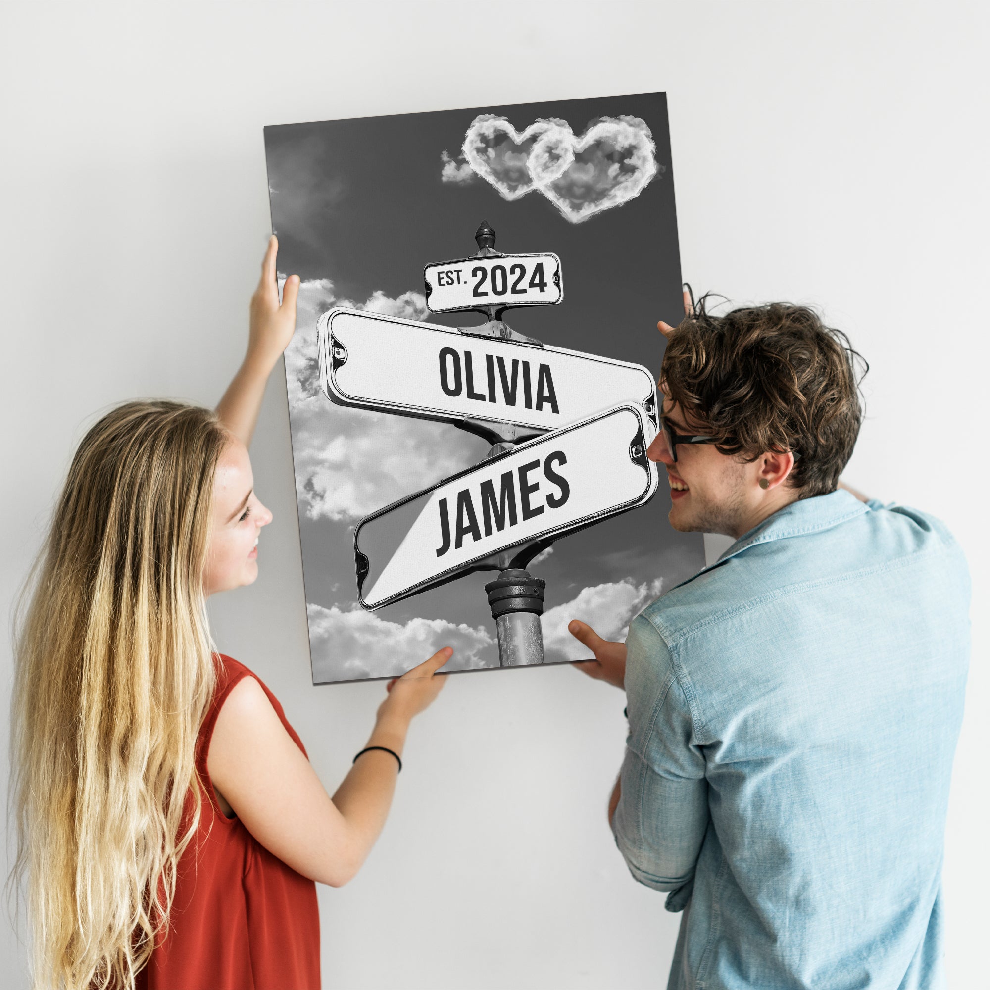 Personalized Crossroads Street Sign For Couple Canvas, Custom Couple Name And Date Wall Art Black and White Heart Cloud