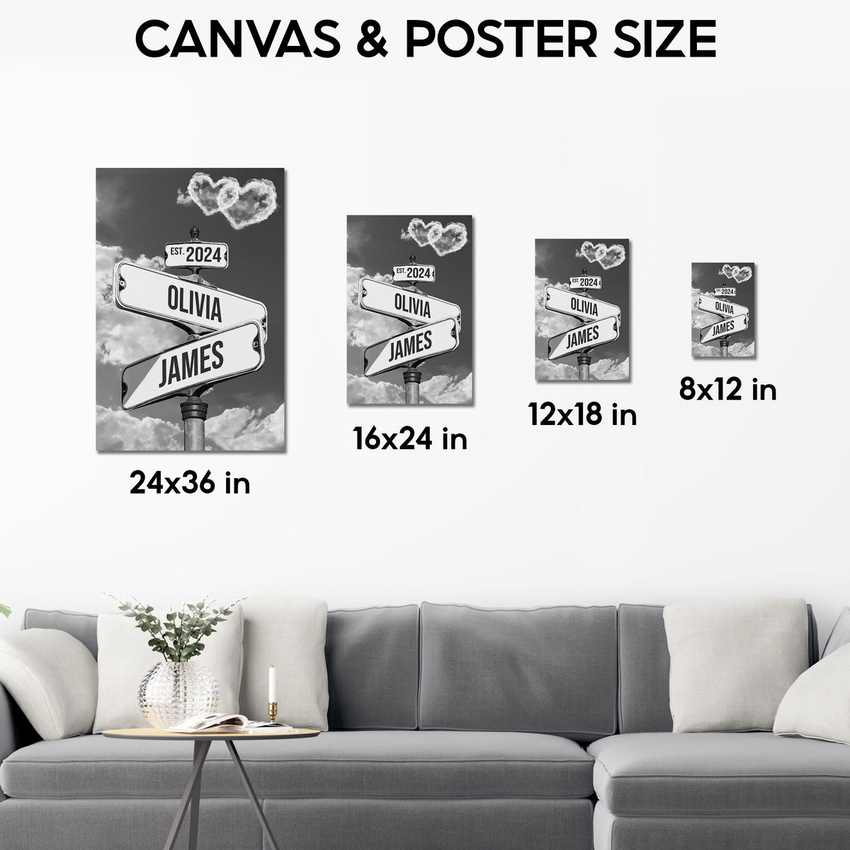 Custom Couple Street Sign Black and White Heart Cloud Names & Year Canvas - Personalized Wall Art