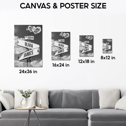 Custom Couple Street Sign Black and White Heart Cloud Names & Year Canvas - Personalized Wall Art