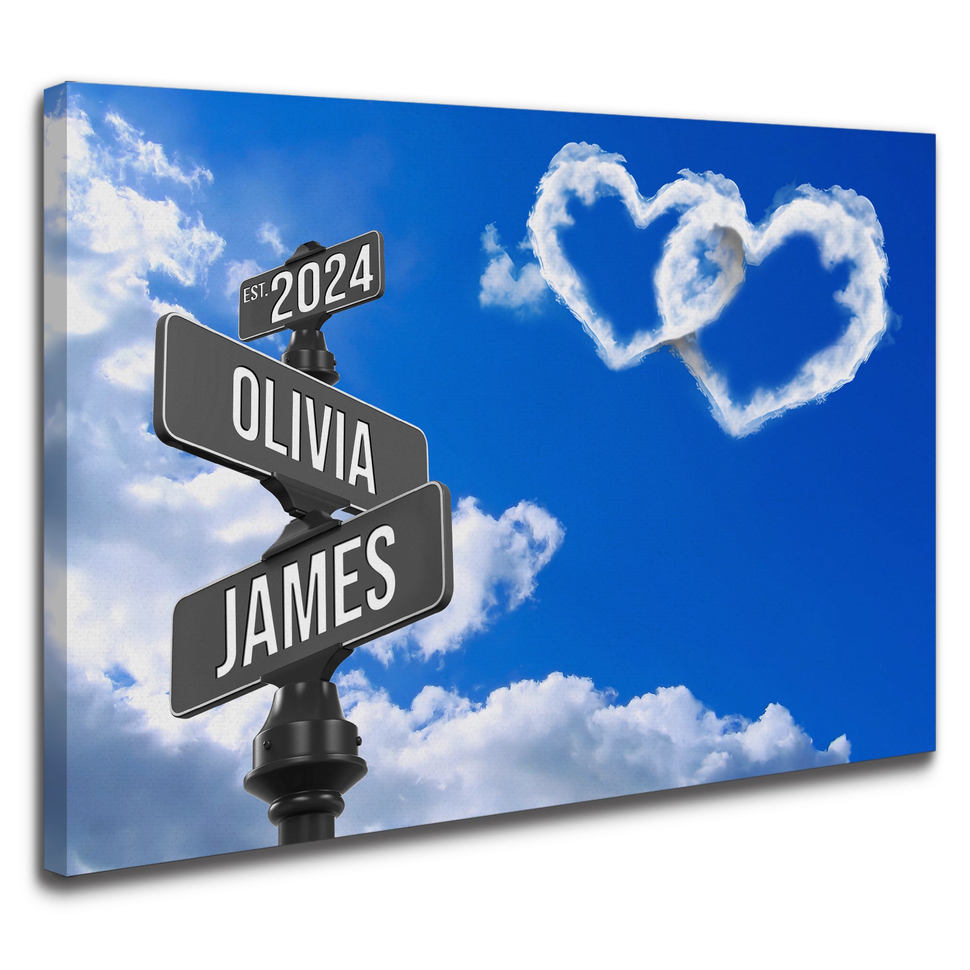 Personalized Crossroads Street Sign For Couple Canvas, Custom Couple Name Date Wall Art Heart Cloud Sky