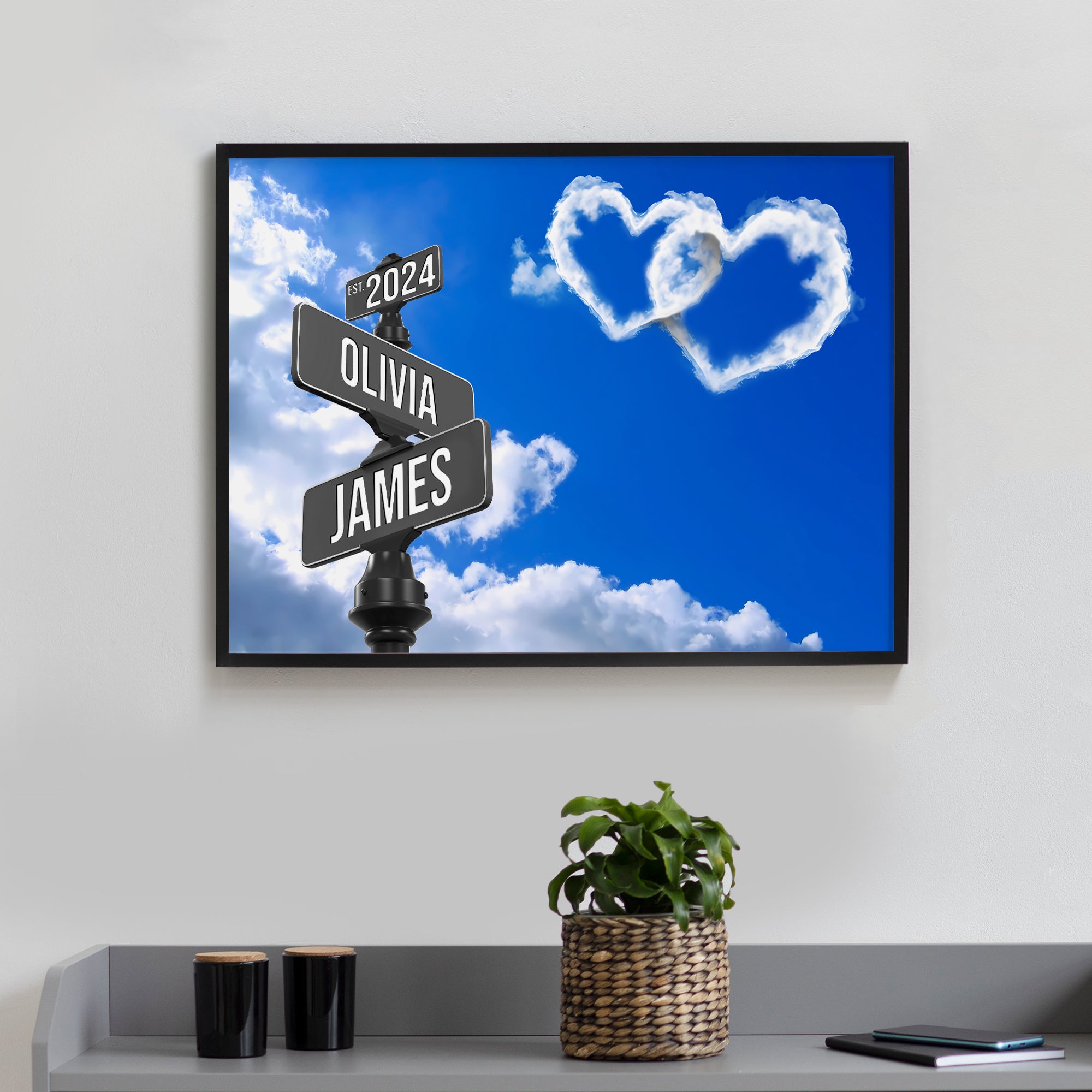 Personalized Crossroads Street Sign For Couple Canvas, Custom Couple Name Date Wall Art Heart Cloud Sky
