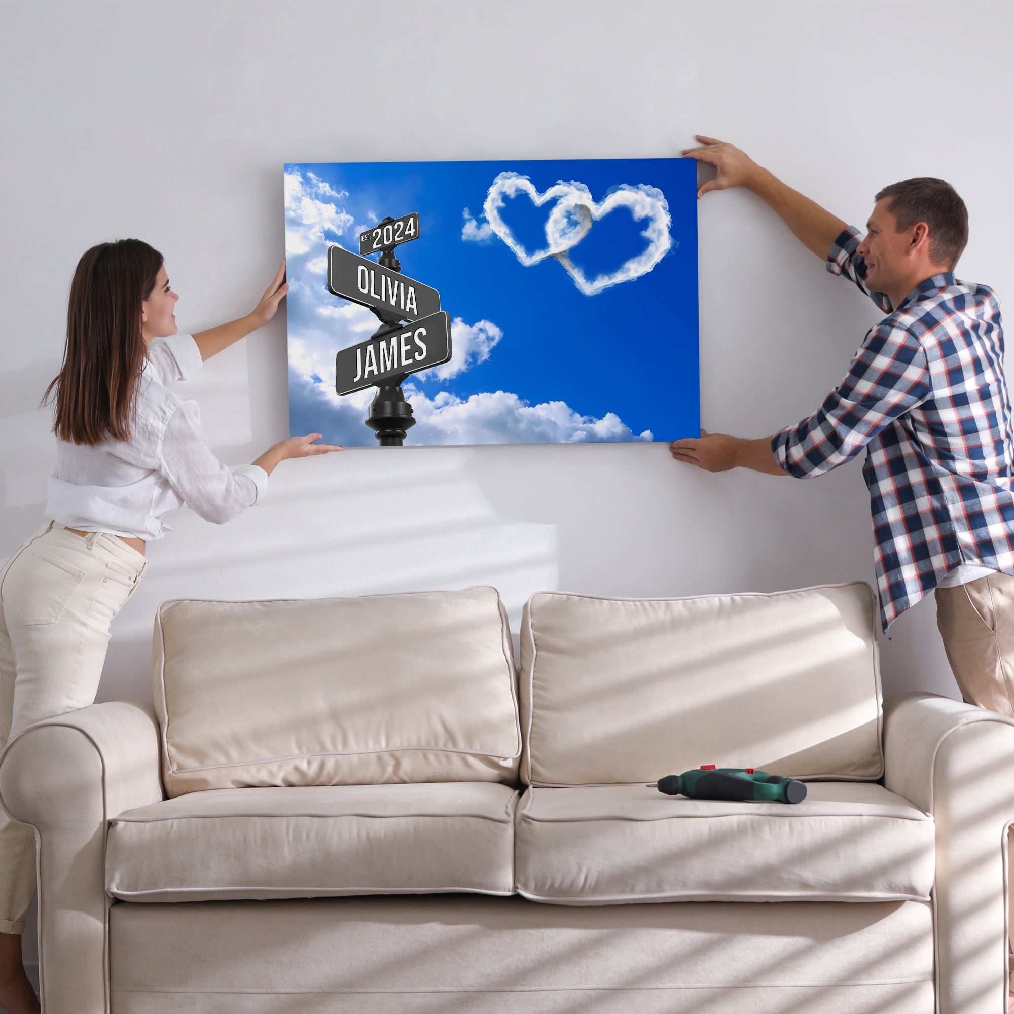 Personalized Crossroads Street Sign For Couple Canvas, Custom Couple Name Date Wall Art Heart Cloud Sky