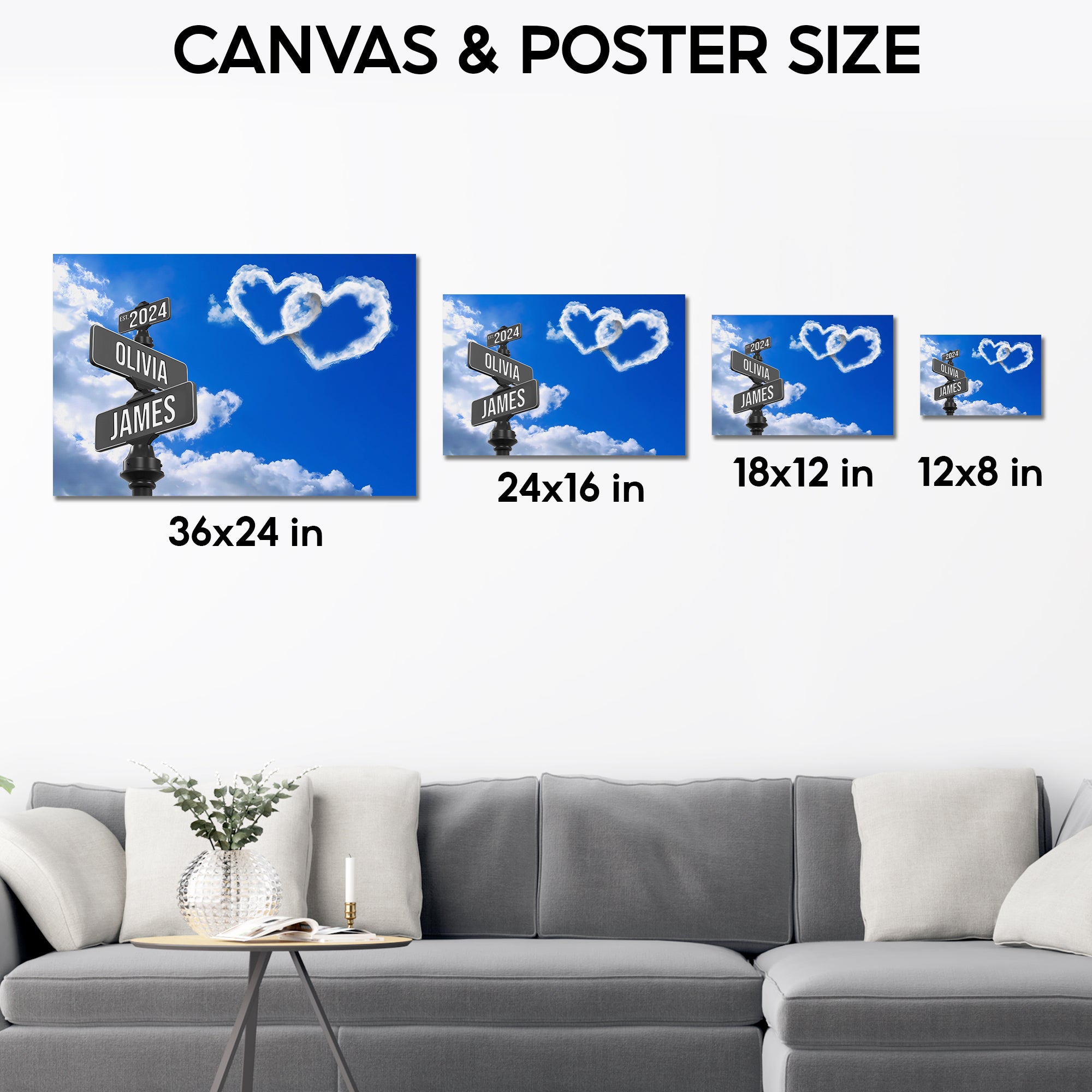 Personalized Crossroads Street Sign For Couple Canvas, Custom Couple Name Date Wall Art Heart Cloud Sky