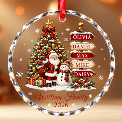Family Tree Christmas Ornament with Names - Personalized Glass Ornament - Decorated Tree Red Signs Round or Heart