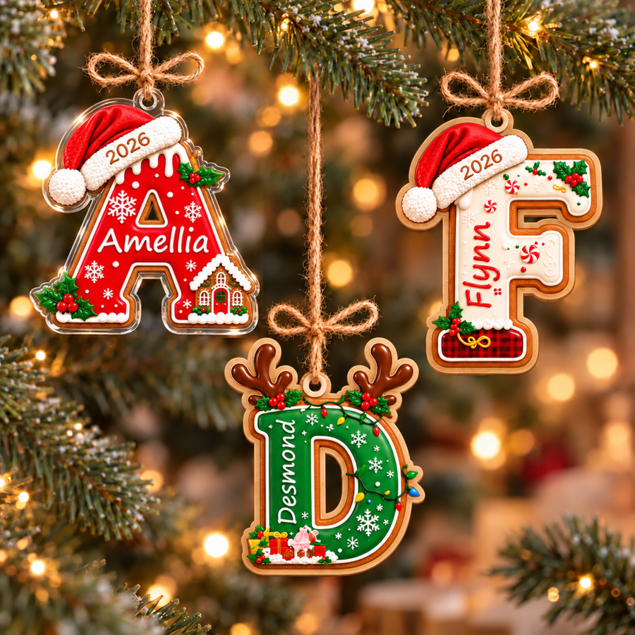 Personalized Gingerbread Christmas Ornament with Name - Custom Acrylic Ornament - Initial Letter A-Z Family Tree Decor