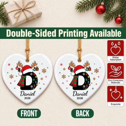 Personalized Monogram Christmas Ornament with Name - Custom Ceramic Ornament - Letter A-Z Round or Heart Shape
